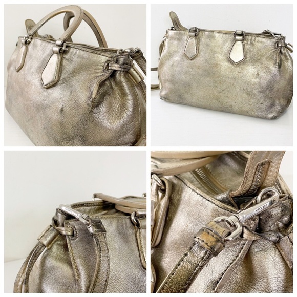 Prada distressed metallic gold nappa leather satchel bag triangle logo - Picture 3 of 11